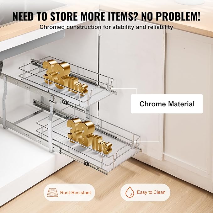 VEVOR Pull Out Cabinet Organizer, 12"W x 21"Dx15.2"H Heavy Duty Slide Out Pantry Shelves, Chrome-Plated Steel Roll Out Drawers for Home,13.5"Wx22"Dx19"H Inside Kitchen Cabinet, Bathroom, Under Sink