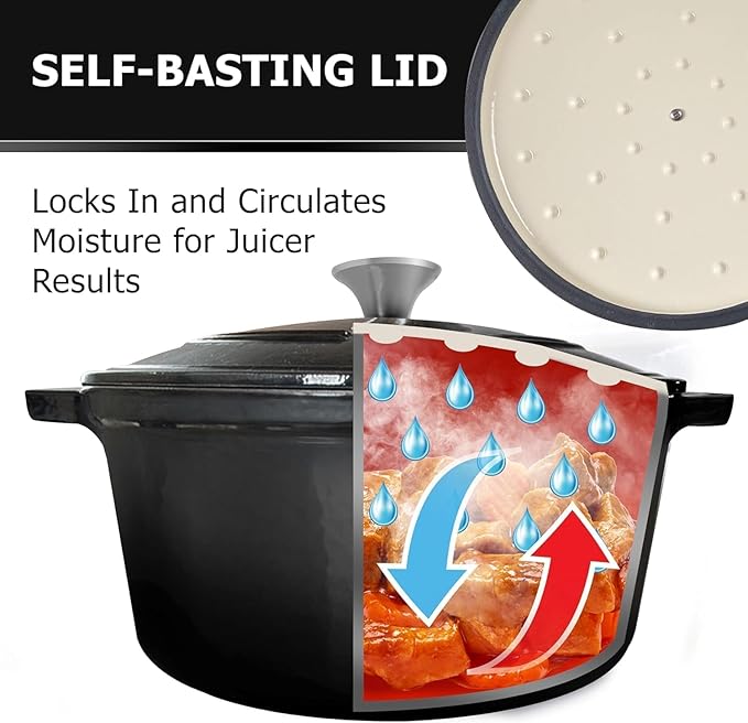 MUELLER HOME 4.5 QT Enameled Cast Iron Dutch Oven, Heavy-Duty Casserole Dish and Braiser Pan with Lid and Stainless Knob, Oven-Safe up to 500° F & Across All Cooktops, Black