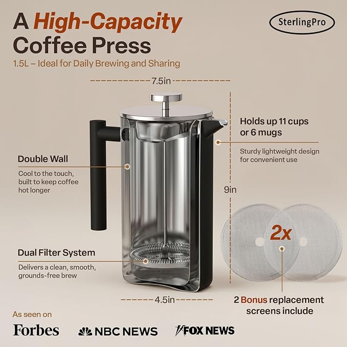 SterlingPro Stainless Steel French Press Coffee Maker 1.5 L (51 oz) Black – Double Walled Insulated Large Coffee Press, Durable Design Keeps Drinks Hot, Easy to Use and Clean for Rich Flavor Brewing