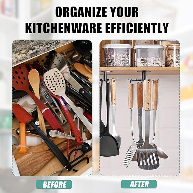 Zorfeter 2 PCS Under Cabinet Kitchen Utensil Hooks, Stainless Steel Utensil Racks 360°Rotating Drilling Free Adhesive Utensils Hanging Rack Holder, Black