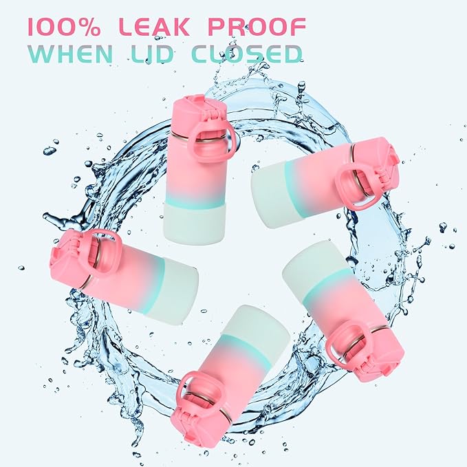 Volhoply 14oz KIds Water Bottle with Straw Lid and Silicone Boot Bulk 2 Pack,Stainless Steel Insulated Cups for Boys & Girls Multipack,Double Wall Vacuum Leakproof Bottles(Pink Green,2)