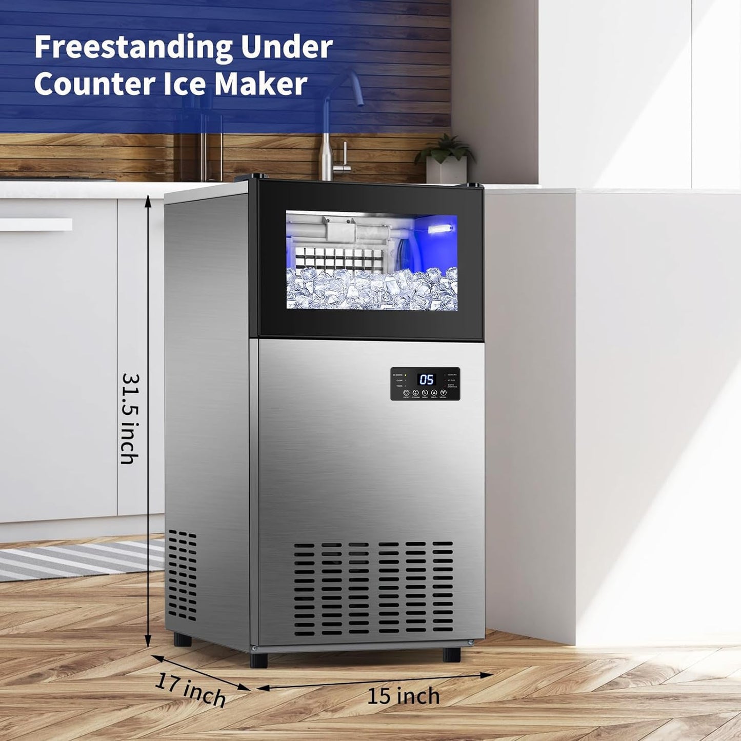 Commercial Ice Maker 130 LBS/24H, Upgraded 15" Wide Under Counter Ice Maker with 35LBS Ice Capacity, Commercial Ice Machine Self Clean Stainless Steel Built-in or Freestanding Large Ice Machine