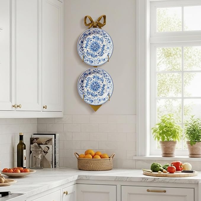 Zonon 1 Pack Gold Bow Plate Holder for Wall Bow Knot Iron Easel Display Rack Wall Mount Metal Plate Hanger Stand for Hanging Photo Frame Art Plaque for Cabinet Kitchen Counter Bar Cafe (18.5 x 7 Inch)