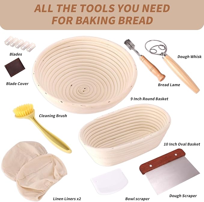 Banneton Proofing Basket Set - 9-inch Round and 10-inch Oval Bread Baking Supplies, Sourdough Tools & Bread Making Accessories for Artisan Baking