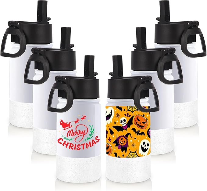 Volhoply 14oz Kids Water Bottle with Straw Lid and Silicone Boot Bulk 6 Pack,Stainless Steel Insulated Cup for Boys & Girls Multipack,Double Wall Vacuum Leakproof bottles(Sublimation,6)
