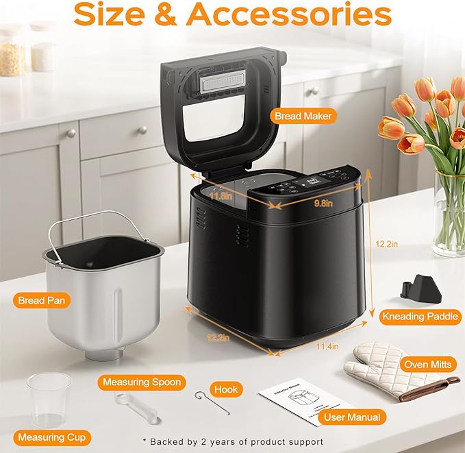 2.5LB Bread Maker with Built-in Electronic Scale, 25-in-1 Bread Machine, Beginner-Friendly with Adjustable Baking & Fermentation, Non-Stick Easy-Clean Pan, Quiet, 15H Delay, Recipes, Black