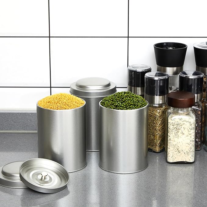 Meanplan 12 Pcs Tea Tin Canister with Airtight Double Lids Round Tin Can Box Small Kitchen Tea Canister Loose Leaf Storage Containers for Loose Bags Coffee Sugar Candy Spices(Silver,16 oz)