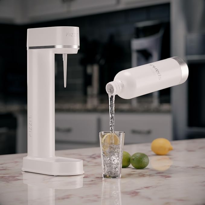 White Stainless Steel Sparkling Water Maker with 2 CO2 Cylinders & 2 Reusable Bottles