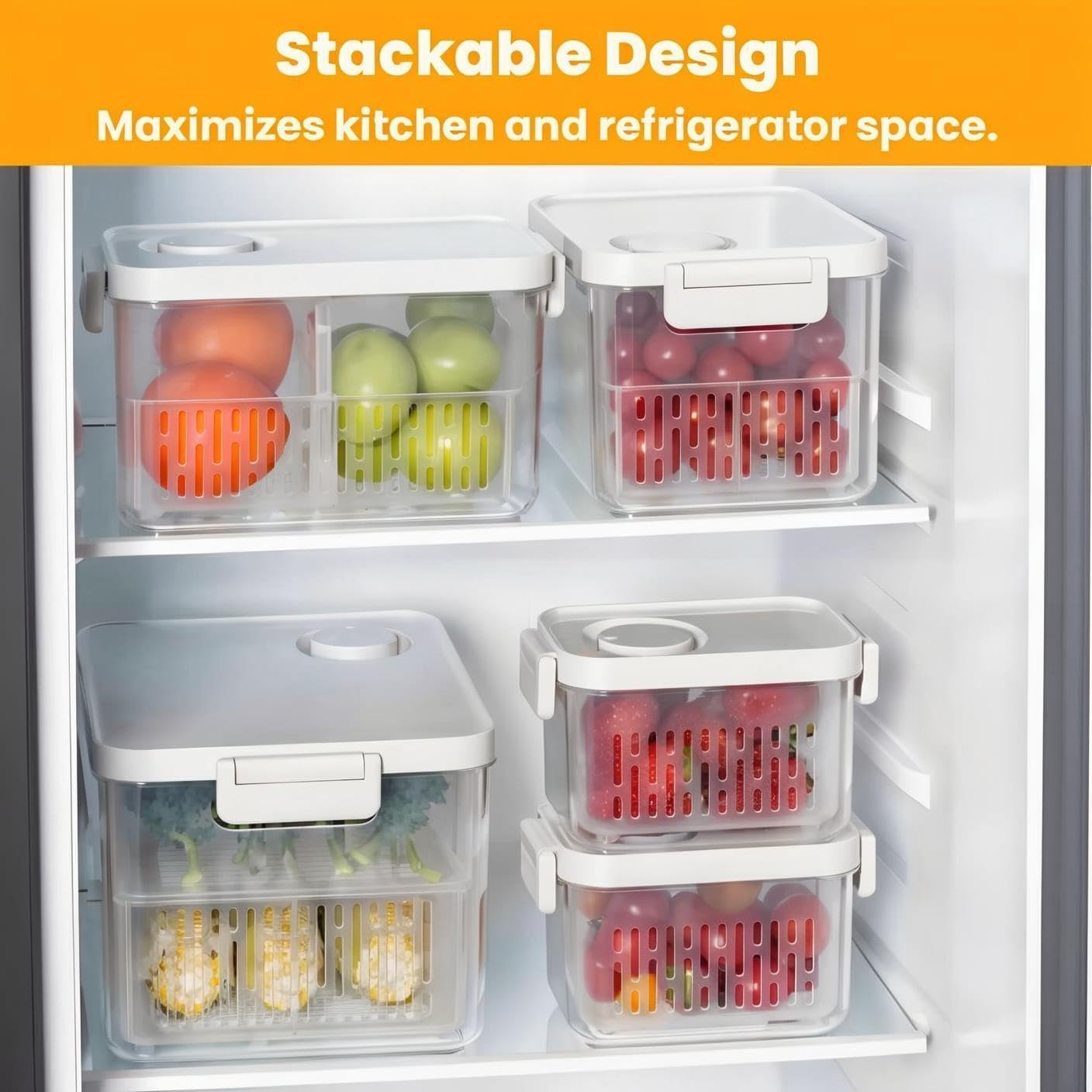 vacane 6 Pack Large Fruit Storage Containers for Fridge with Timing Knob, Produce Saver with Colanders, Lettuce Keeper Vegetable Food Fresh - Dishwasher Safe
