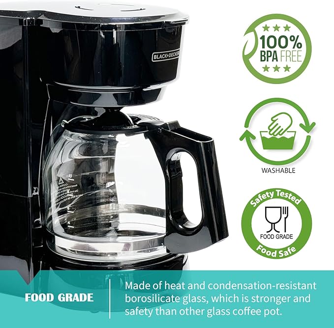 12-Cup Replacement Glass Coffee Carafe Compatible with Black and Decker Coffee maker Model CM0915BKD, Black Handle with Extra Lid, Product Height: 5.9 inch.