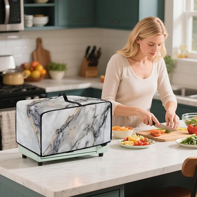 Toaster Oven Dust Cover Washable Fabric Convection Oven Cover Protector Compatible with Various Small Kitchen Appliances, S, Gray White Marble