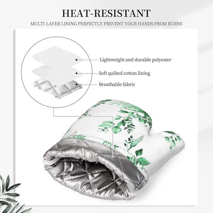 Green Eucalyptus Oven Mitts and Pot Holders Set, 4pcs Silicone Watercolor Plant Leaves with Floral Oven Glove for Kitchen Heat Resistant Oven Mitts and Potholders Non-Slip for Cooking