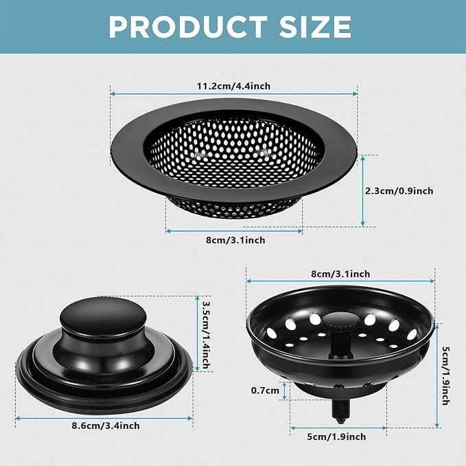 Mudder 3 Pcs Kitchen Sink Drain Strainer and Stopper Stainless Steel Garbage Disposal Plug with Handle Universal Anti-Clogging Kitchen Sink Filter Sieve Basket Strainer(Black)