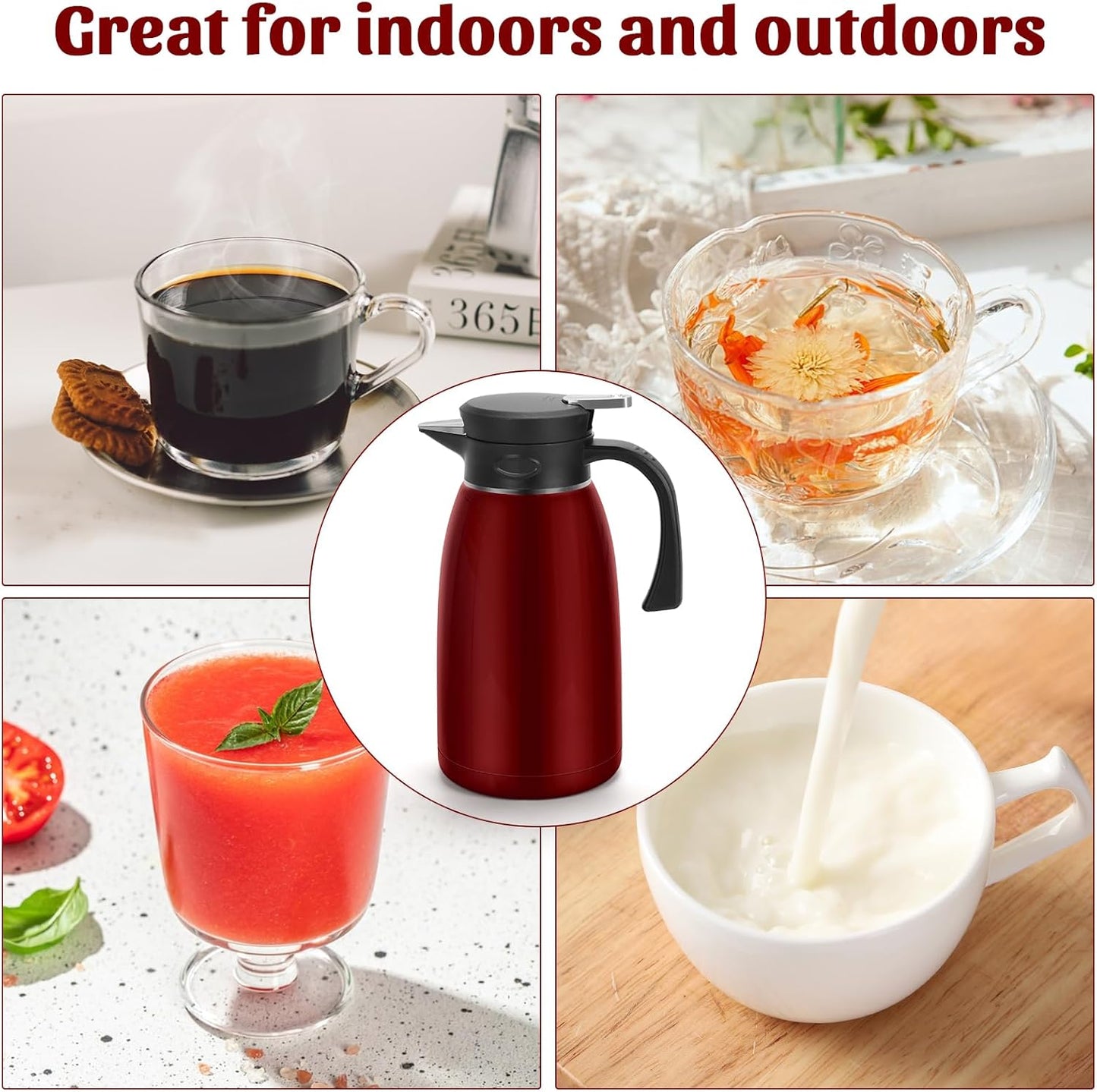 Yummy Sam 70oz Thermal Coffee Carafe, 2L Stainless Steel for Hot Drinks, Double Wall Vacuum Carafe for Hot Liquids Large Tea for Home School Office for Valentine's Day Burgundy