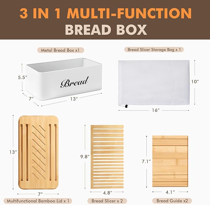 RYTOXILO Bread Slicer for Homemade Bread with Box, White Bread Storage for Kitchen Countertop with 3 in 1 Bamboo Lid, Bread Loaf Slicers Machine with Slicing Guide for Sandwich, Sourdough