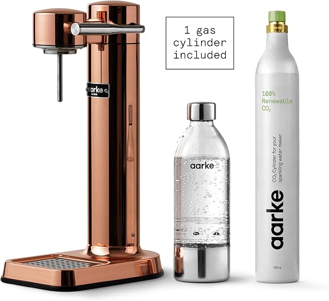 Aarke Carbonator lll with CO2 Cylinder, Sparkling & Carbonation Water Machine, Stainless Steel with PET BPA-Free Reusable Bottle Volume 1L/34 fl oz (Copper)