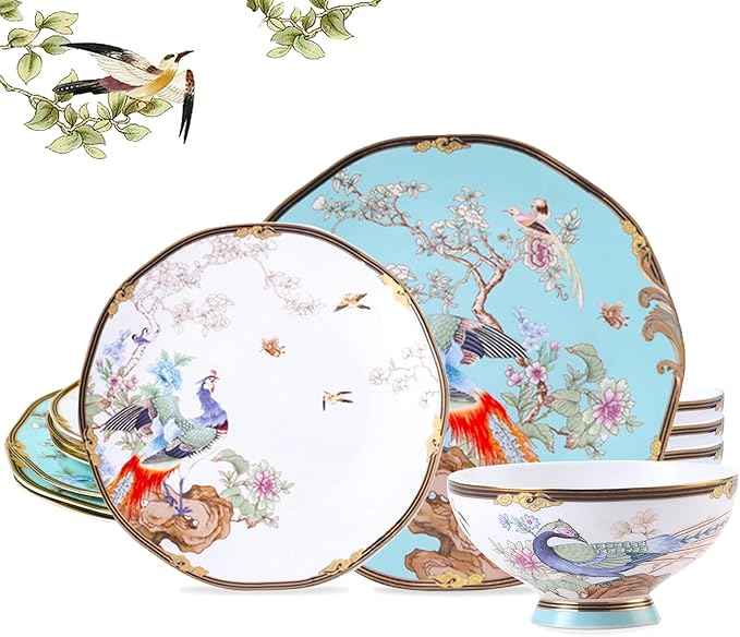 ACMLIFE Bone China Dinnerware Set, Vintage Floral Fine China Dinnerware Sets, Porcelain Dinnerware Sets for 4, Light Blue 12 Piece Fine China Set Lightweight Dinnerware Set for Gifts (Blue)