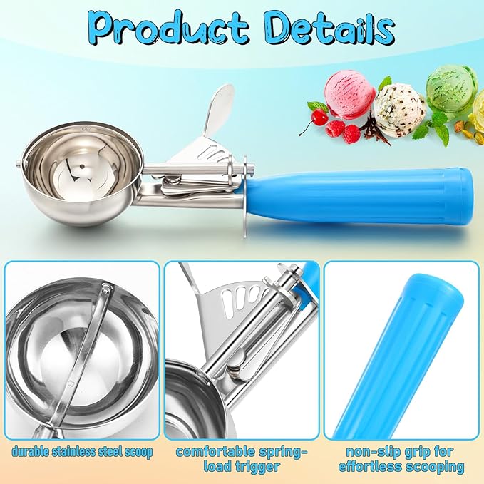 Reallnaive 2 Pcs Release Cookie Scoops Ice Cream Scooper with Trigger Release Portion Scoop Stainless Steel for Portion Control, Baking Food, Cookie Dough (2 Oz+4 oz,Blue and Gray)