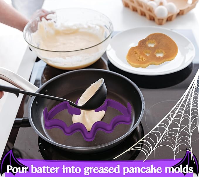Kamehame Halloween Silicone Pancake Molds for Skull, Ghost, Bat and Pumpkin Shape Pancakes, 4 Pack Nonstick Pancake Shaper for kids, Fun Halloween Cake Ring Mold for Griddle Cooking