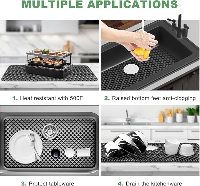 Sink Protectors for Kitchen Sink - Large 28.4"x 15" with Rear Drain Hole Heat Resistant Easy Clean Non-slip Silicone Kitchens Sinks Mat for Bottom of Kitchen Sinks Stainless Steel(Black)-72x38CM