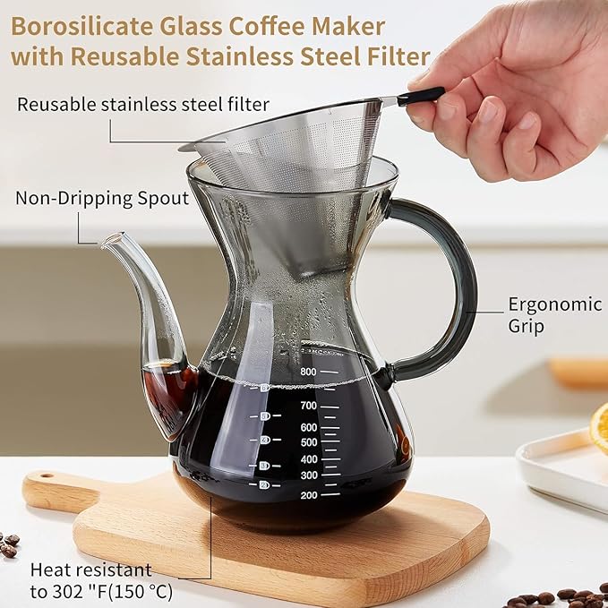 Unbreakable - Pour Over Coffee Maker with Double Stainless Filter 27 fl oz, Thickened Heat-Resistant Borosilicate Glass Pour Over Coffee Dripper, Stovetop Safe