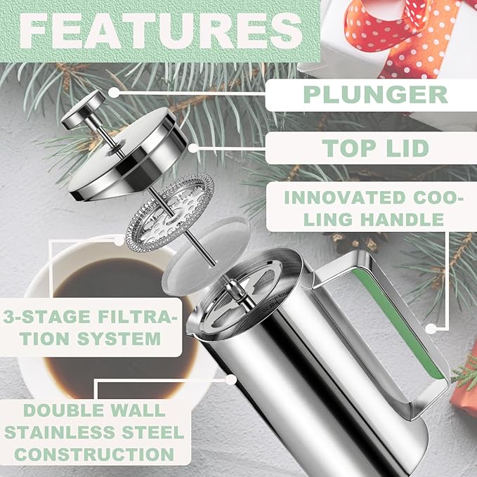 Stainless Steel French Press Coffee Maker 21OZ(0.6 Litre), Camping Coffee Press with Green Handle for Personal, Office, Travel(Sanding Silver, 1-3 Cups)
