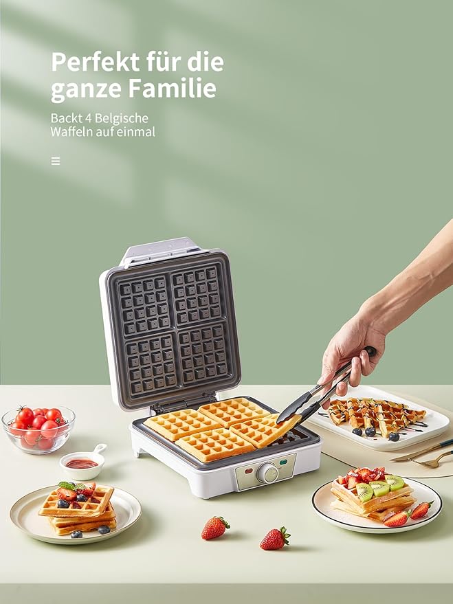Belgian Waffle Maker 4 Slices, 1200W Waffle Iron, Anti-Overflow Waffle Iron with Browning Knob, Nonstick Plates, Indicator Lights, Silver/Black (White)