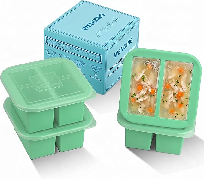 Silicone Freezer Tray with Lid 4 Pack Silicone Freezer Molds Ice Cube Tray Makes 8 Perfect 1 Cup Portions Soup Cubes Meal Prep Containers- Oven & Dishwasher Safe