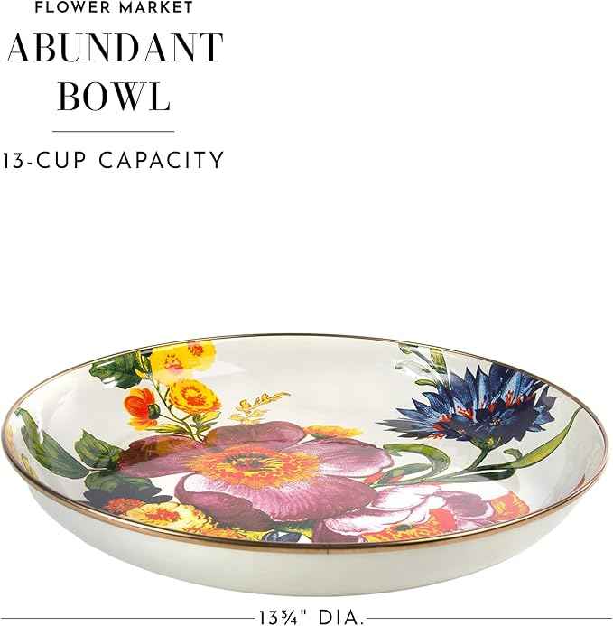 MACKENZIE-CHILDS Enamel Abundant Bowl, Decorative or Serving Bowl, 13-Cup Capacity, White Flower Market