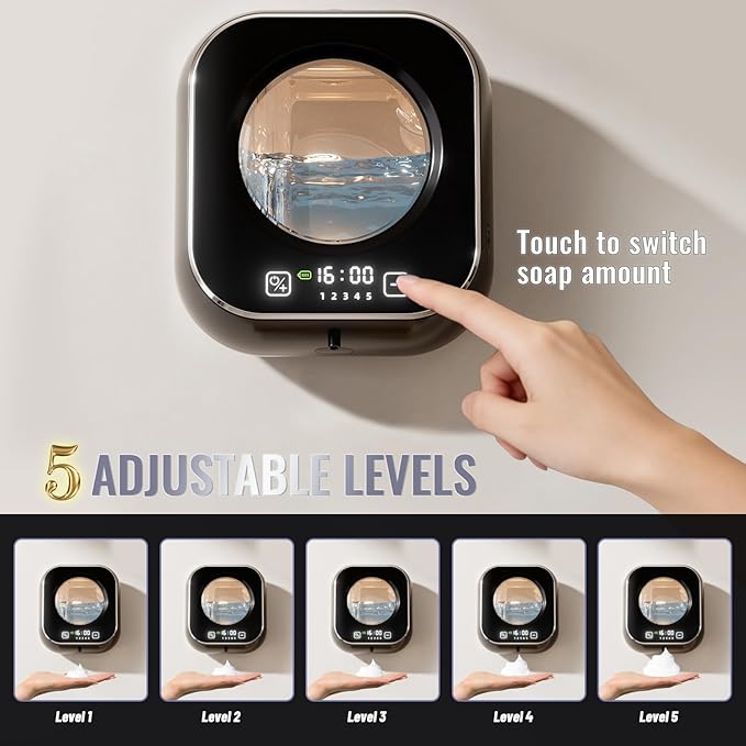 Automatic Soap Dispenser Touchless, Wall Mount Hand Soap Dispenser 10.8oz, LED Clock Electric Sensor Pump with 5 Speed Foam,120-Day Long-Life Battery, IPX5 Waterproof for Kitchen Bathroom Office Hotel