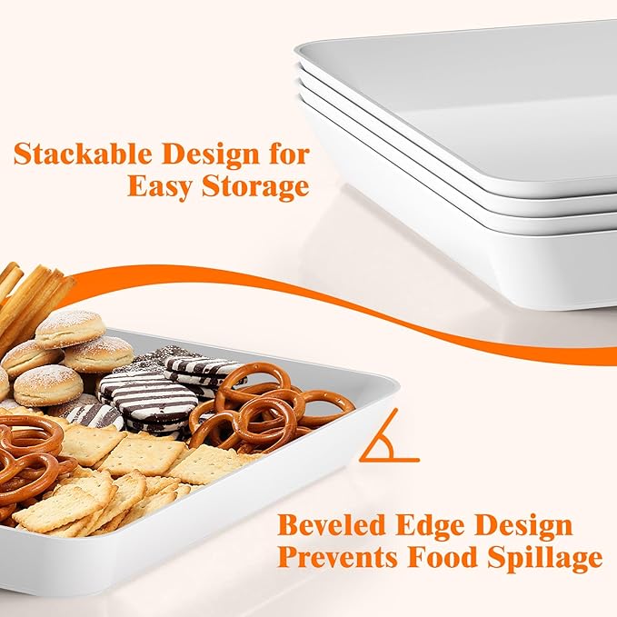 SpaceTrove 10-Pack Serving Tray Set, Reusable Plastic Serving Platter for Party Supplies, Entertaining, Grilling Accessories, Stackable Kitchen Snack Box Container for Dessert, Fruit, Cookie, (White)
