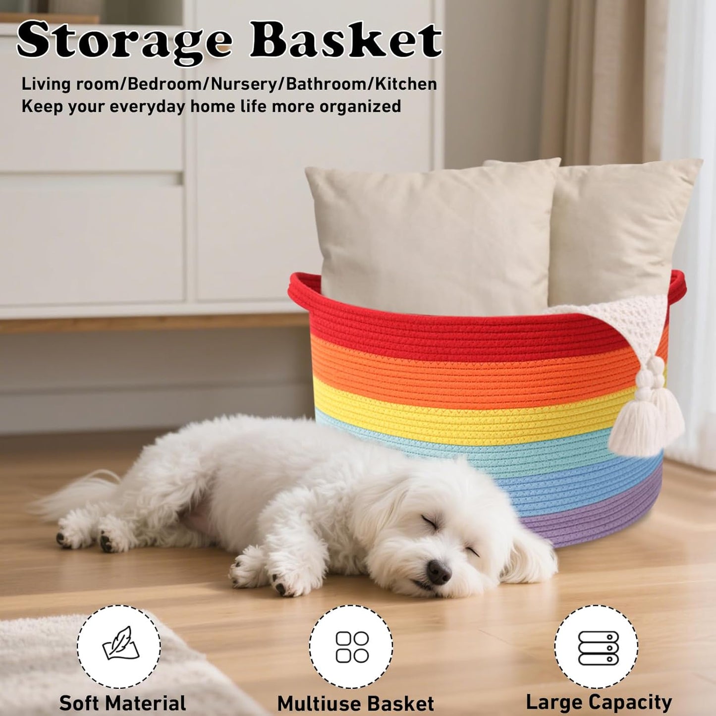 Large Blanket Basket for Organizing,65L Closet Organizers and Storage Bins Box for Shelves Woven Rope Storage Baskets,Living Room,Bedroom,Dorm,Laundry room (Rainbow)