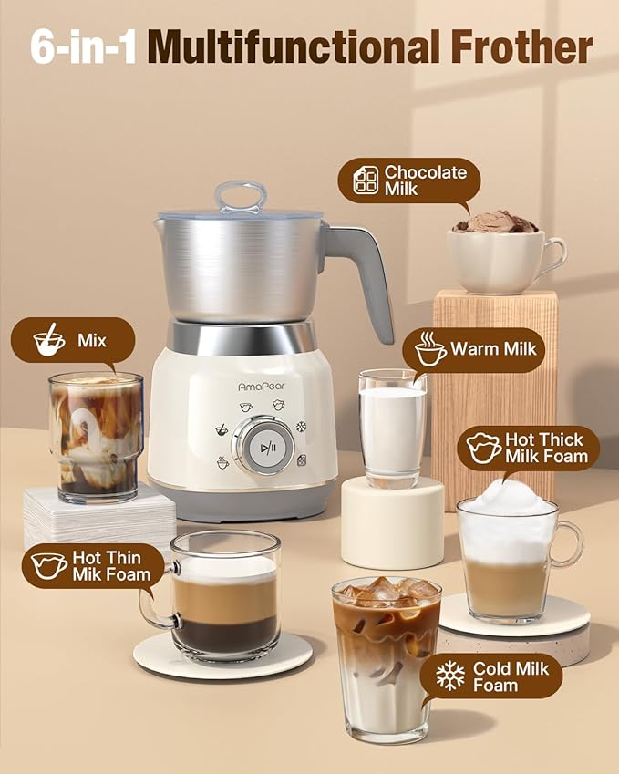 Milk Frother and Steamer, 6 in 1 Electric Foam Maker for Coffee, 16.9oz/500ml Milk Warmer for Latte, Macchiato, Cappuccino, Hot Chocolate Maker, Dishwasher Safe (White)