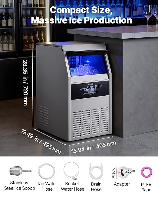 VEVOR Commercial Ice Maker Machine, 150 lbs/24h with 30 lbs Storage Capacity, Built-in/Freestanding/Under Counter, Stainless Steel Ice Maker with LED Display & Self-Cleaning, for Home Bar Restaurant