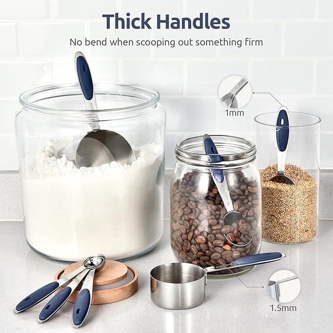U-Taste 18/8 Stainless Steel Measuring Cups and Spoons Set of 10, and 18/8 Stainless Steel Square Measuring Spoons Set of 8 (Midnight Blue+Silver)