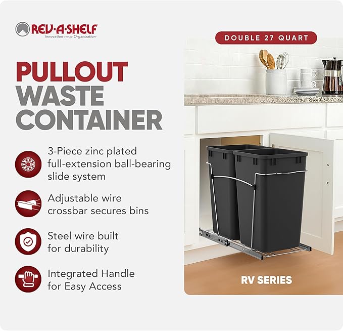 Rev-A-Shelf Pullout Trash Cans for Kitchen Cabinets 27 Qt Garbage Waste Recycling Bin with Full Extension Slides, Black, RV-15KD-18C S