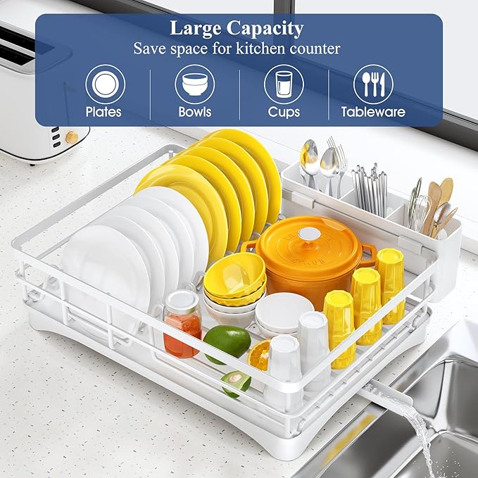 SNTD Dish Drying Rack for Kitchen Counter - Large Dish Rack with Drainboard, Rustproof Dish Drainer with Utensil Holder for Sink, White