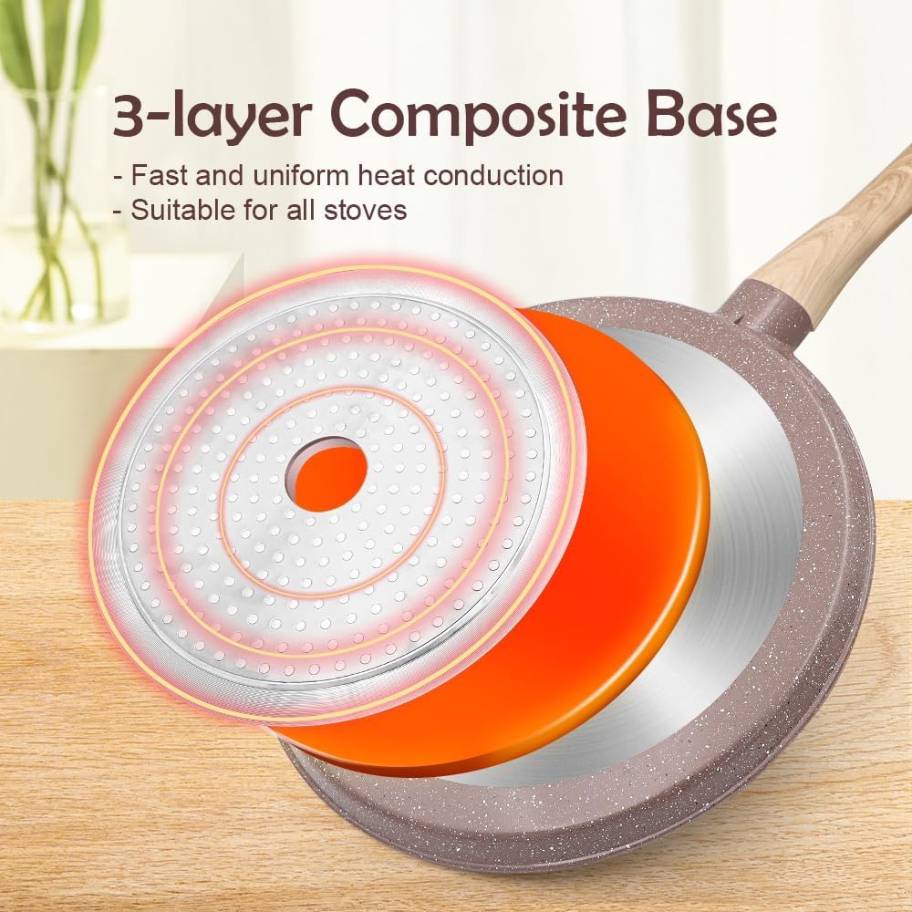 Ceramic Crepe Pan 10 Inch, Nonstick Dosa Pan Pancake Pan with Detachable Handle Round Griddle - Brown
