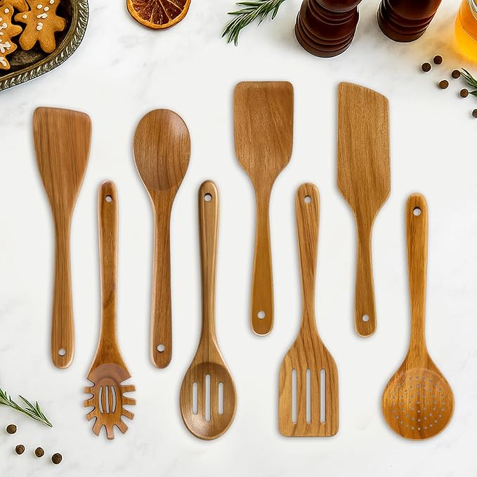 9 Pack Best Wooden Spoons Non Toxic Cooking Utensil Set with Utensils Holder Kitchen Slotted Turner Spatula Set Acacia Wood Utensils for Cooking Spoon Scraper Spurtle Bamboo Flat Egg Flipper Spatulas