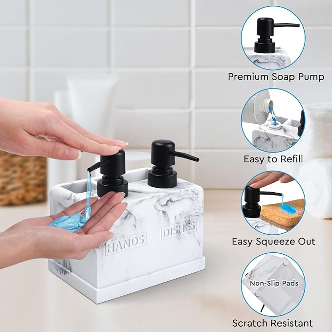 Kitchen Soap Dispenser Set,with Liquid Hand and Dish Soap,Sponge Holder and Brush Holder 4-in-1 Dual Soap Dispenser Set for Kitchen Sink, Bathroom - Artificial White Marble Look