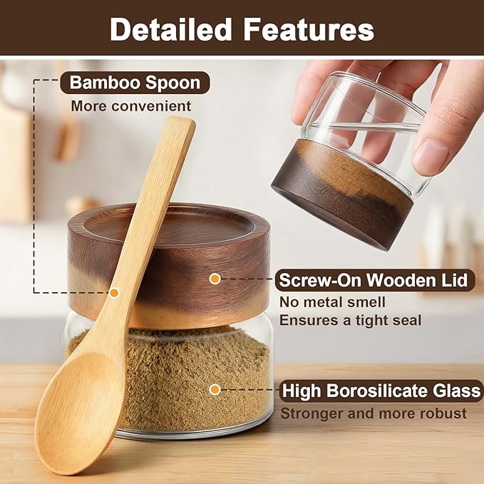 Glass Jar with Wood Lid, 2 Pack 3oz 80ml Small Glass Spice Jars with Airtight Screw Lids, Cute Coffee Containers Clear Glass Canister for Beans, Sugar, Tea, Sauce, Honey, Herb