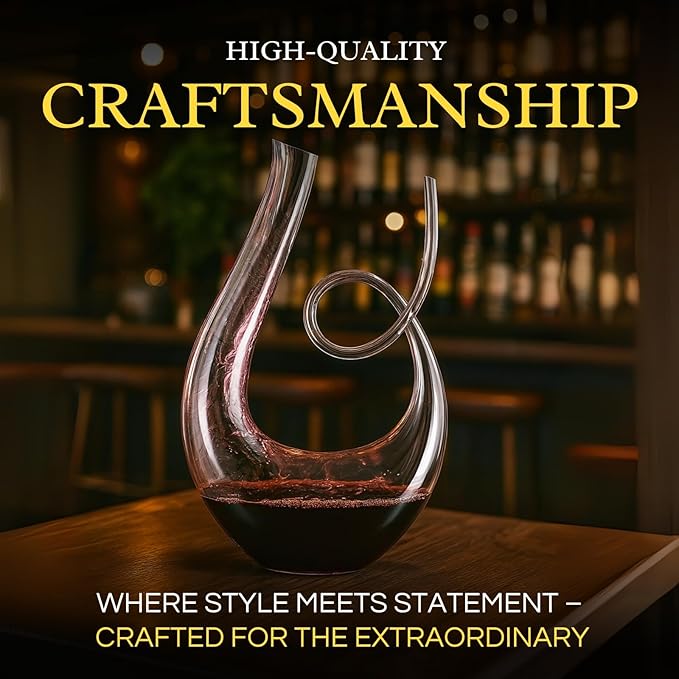 Art Series Swan Swirl Wine Decanter, Hand Blown, Lead-Free Glass with Wide Base for Aeration, + Cleaner Elegant U-Shaped Design with Spill-Reducing Spout – 33.8 oz – Modern Display for Red Wine Lovers