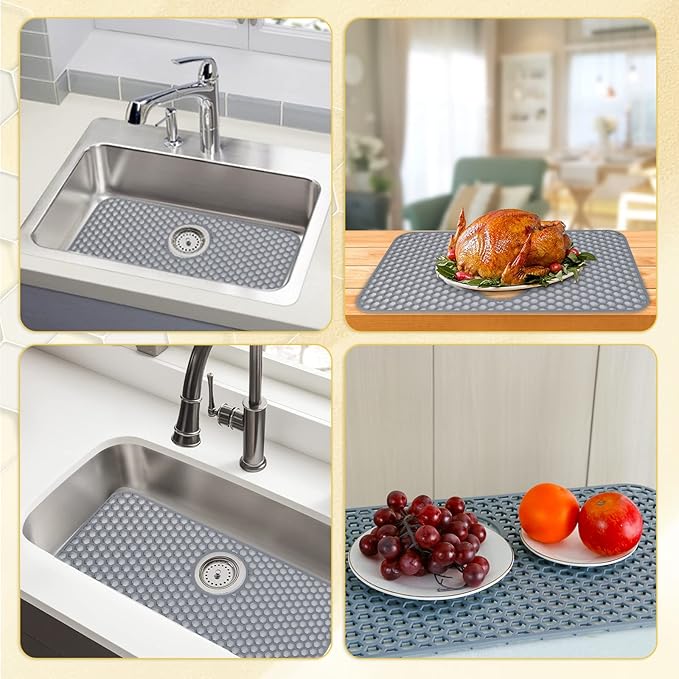 Bestjing Silicone Sink Protectors for Kitchen Sink with Rear Drain - 26"x 14" Kitchen Protector Accessory, Non-Slip Heat Resistant Grid Mat for Bottom of Farmhous Peorcelain Stainless Steel(Rear Hole)