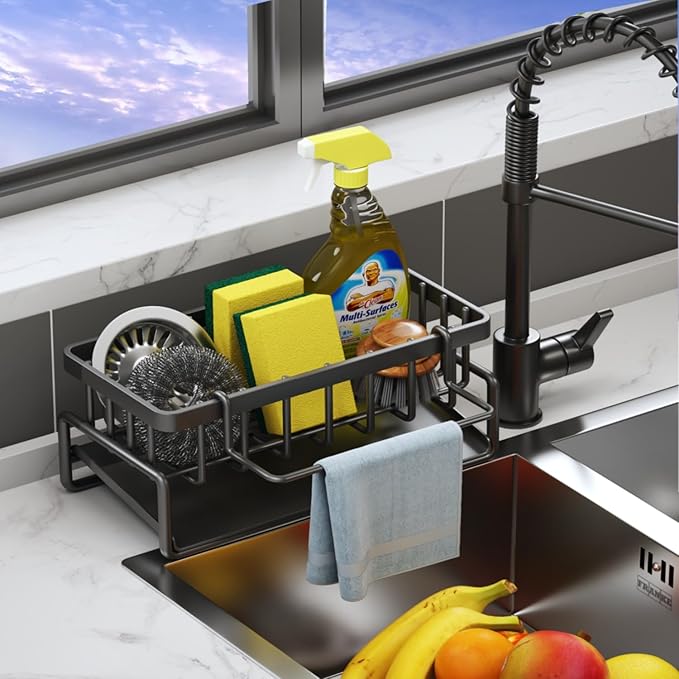 Sponge Holder for Kitchen Sink, Kitchen Sink Caddy Rustproof 304 Stainless Steel Dish Sponge Organizer with Detachable Dishcloth Rack Bathroom Organizer Dish Soap Dispenser Brush Holder Storage