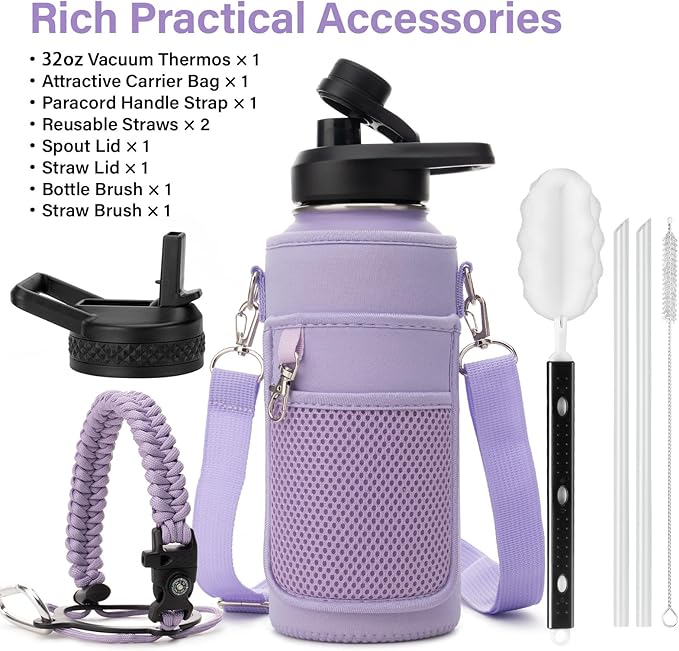 DYSANKY Insulated Water Bottle | Thickened Stainless Steel Vacuum Metal | Portable Sports Water Jug for Gym and Hiking with Straw, Carrier Bag, Handle Strap | BPA-Free 32 oz