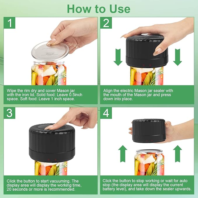 VP06+ Mason Jar Vacuum Sealer, Electric Vacuum Sealer for Jars with Wide and Regular Mouth Mason Lids, Cordless Handheld Jar Vaccum Sealer for Food Storage, Ideal Present for Mom, Wife, Black