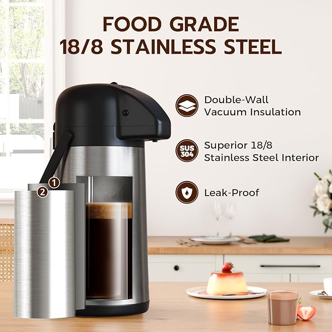 Coffee Carafe for Keeping Hot - Gezoss 64OZ / 1.9L Airpot Coffee Dispenser with Pump - Large Coffee Carafe for Hot Drinks Tea Liquid - Insulated Stainless Steel Hot Water Beverage Urn for Parties