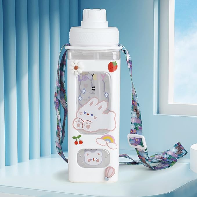 Kawaii Bear Pastel Water Bottle With 3D Sticker 700ml Plastic Travel Tea Juice Milk Portable Cute Shaker Drink Bottle Gift (White)