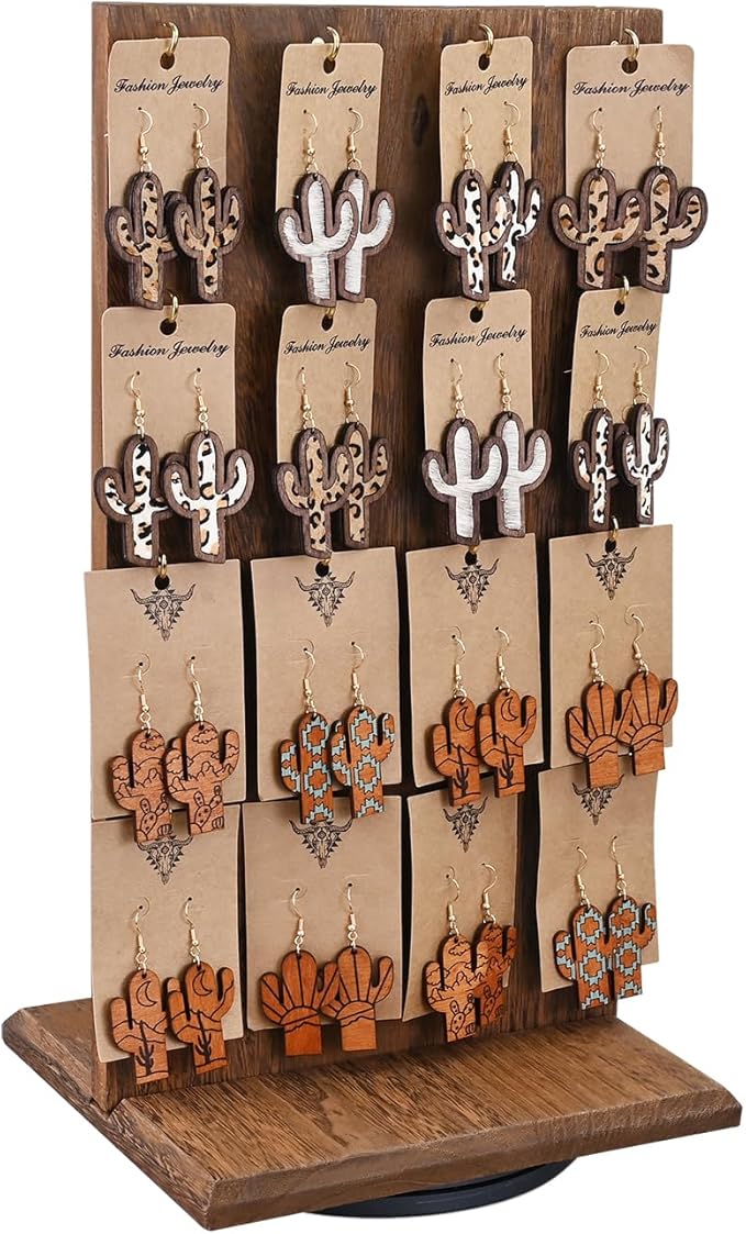 Ikee Design Wooden Rotating Two-Sided Jewelry Display Stand, Rotating Organizer with 32 Hooks for Store, Earring Keychain Display with Hooks, Brown color, 9 W x 7.5 D x 16.5 H in