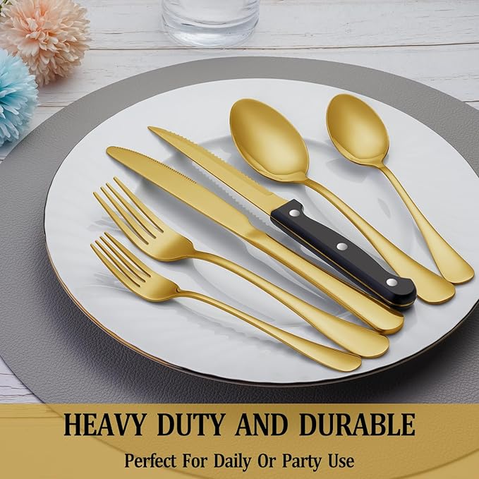 72 Pcs Gold Silverware Set with Steak Knives, Stainless Steel Flatware Cutlery Set Service for 12, Kitchen Tableware Set, Utensil Set for Home and Restaurant, Knives Forks Spoon Set, Dishwasher Safe